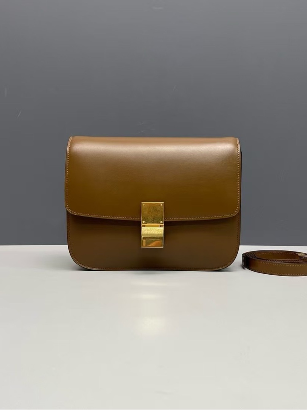 Celine Brown Leather Classic Box Crossbody with Gold Hardware